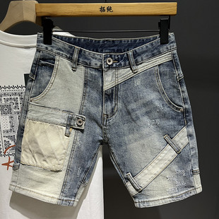 新款 潮流中裤 短裤 男ins痞帅五分牛仔裤 潮牌拼接撞色美式 2024夏季