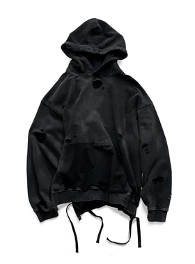 WINDERFLIES 25AW/复古水洗破洞连帽卫衣男女宽松套头衫休闲卫衣