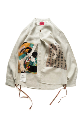 WINDERFLIES 24SS/亚麻翻领复古国风拼布短袖衬衫原创休闲上衣