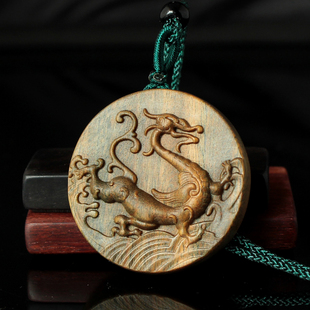 绿檀木四大神兽青龙白虎朱雀玄武圆形护身符吊坠项链木质挂件男女