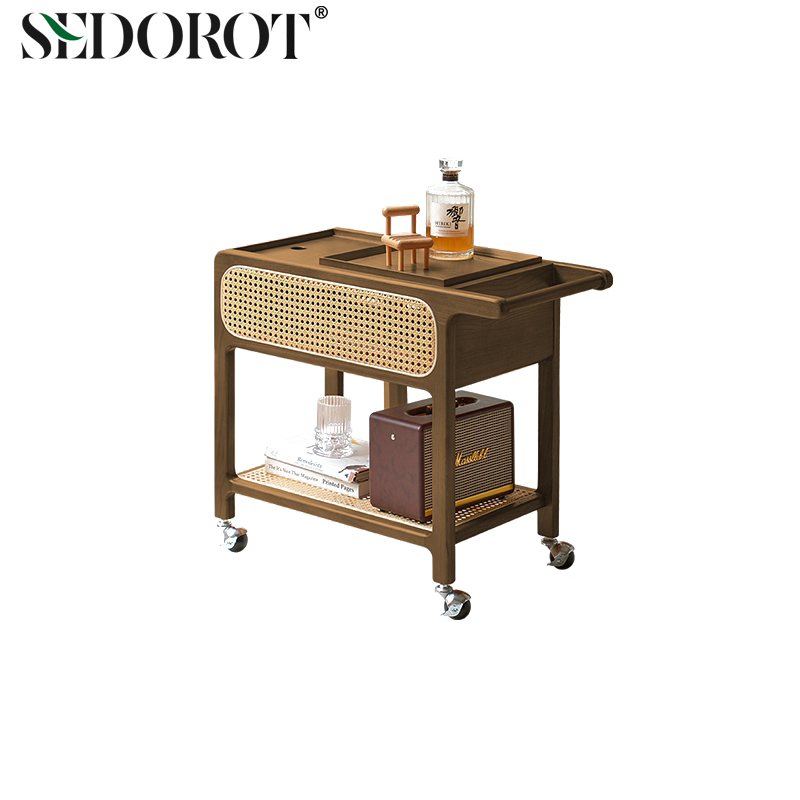 中古风可移动置物架实木藤编小推