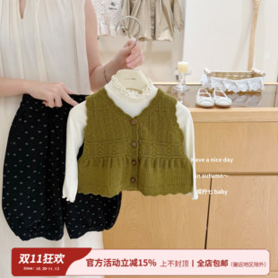 【咸柠七】复古绿！森系女宝秋季套装儿童针织马甲背心碎花裤长裤