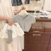 女童miu系韩版 原创 夏季 套装 芭蕾半身裙 针织镂空短袖 咸柠七