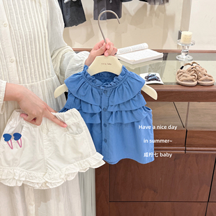 【咸柠七】克莱因蓝！女童夏季韩系木耳边背心上衣白色短裤套装