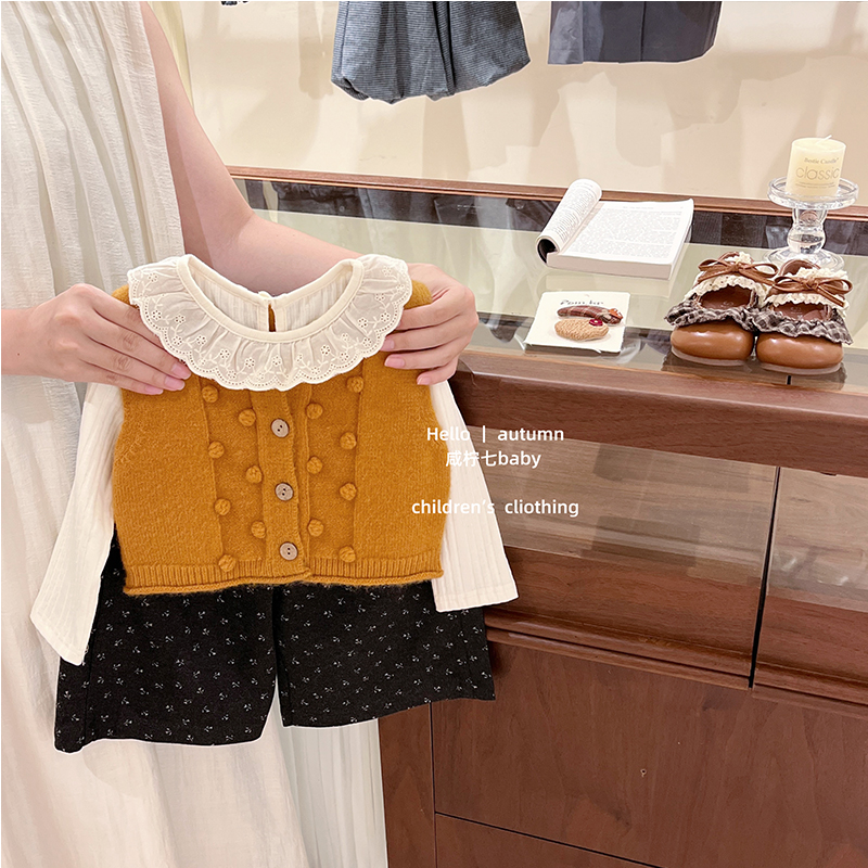 【咸柠七】女童秋季韩系套装球球马甲背心碎花阔腿裤洋气三件套