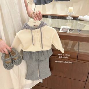 【咸柠七】原创!女童秋冬韩系连帽kt毛衣开衫加绒屁帘长裤两件套