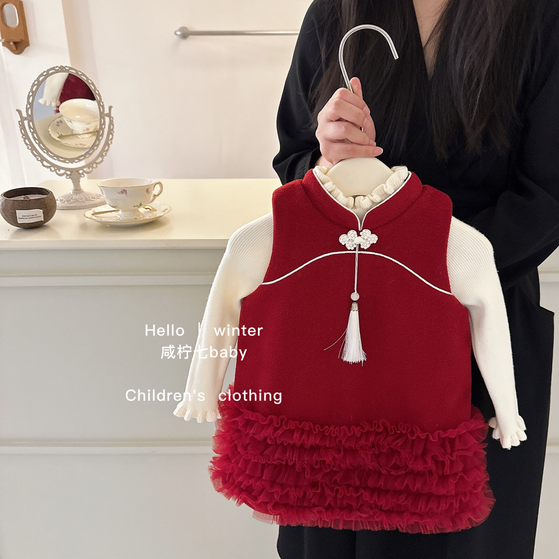 气质背心裙新年红色公主周岁裙子