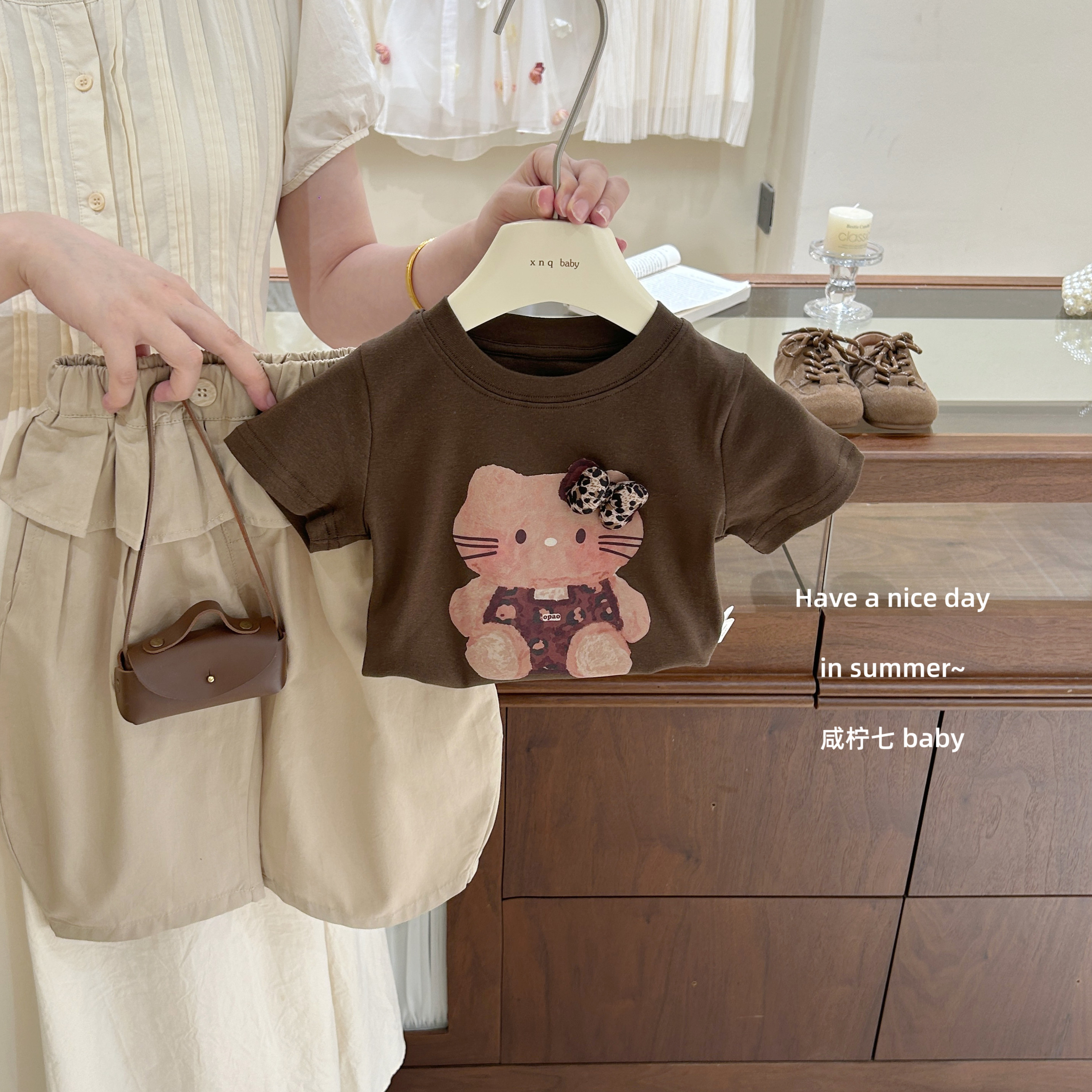 【咸柠七】中古小kt！女童韩系夏季套装kt猫短袖T恤上衣假两件裤