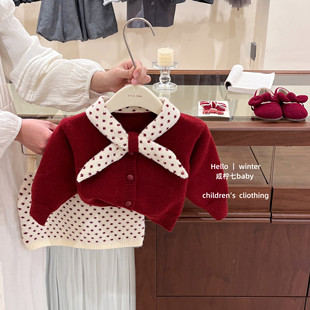 【咸柠七】原创！女童套装儿童洋气宝宝周岁针织红色拜年服两件套