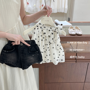 【咸柠七】女童夏季辣妹波点挂脖上衣儿童氛围感蝴蝶结牛仔短裤