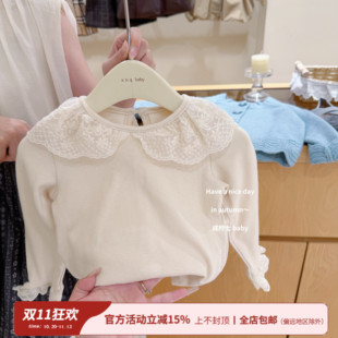 【咸柠七】女宝宝洋气公主女童蕾丝花瓣领上衣米色打底衫长袖T恤