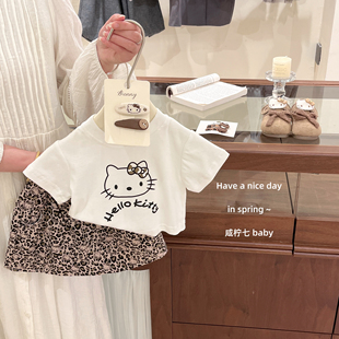 【咸柠七】女童套装夏季2026儿童宝宝kt猫短袖T恤豹纹短裙两件套