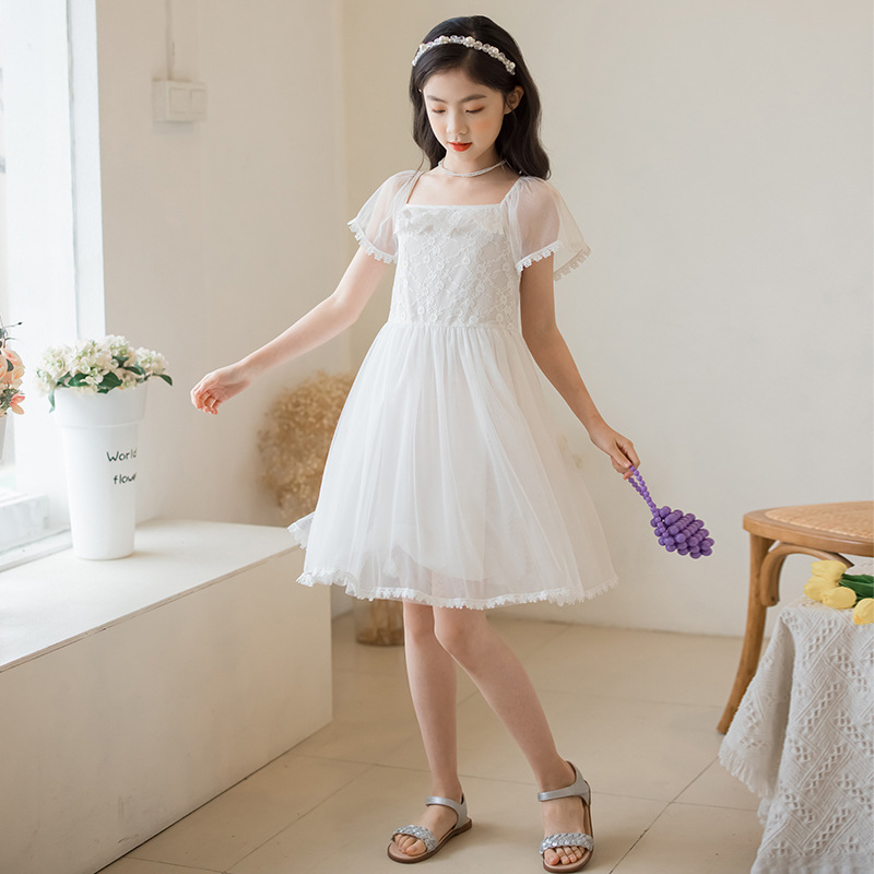 女童连衣裙白色蓬蓬纱裙2024夏季蕾丝花边儿童公主裙演出大童