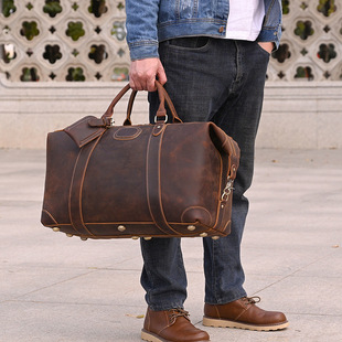 头层牛皮出差行李袋手提行李包疯马皮健身包真皮旅行包男款大容量
