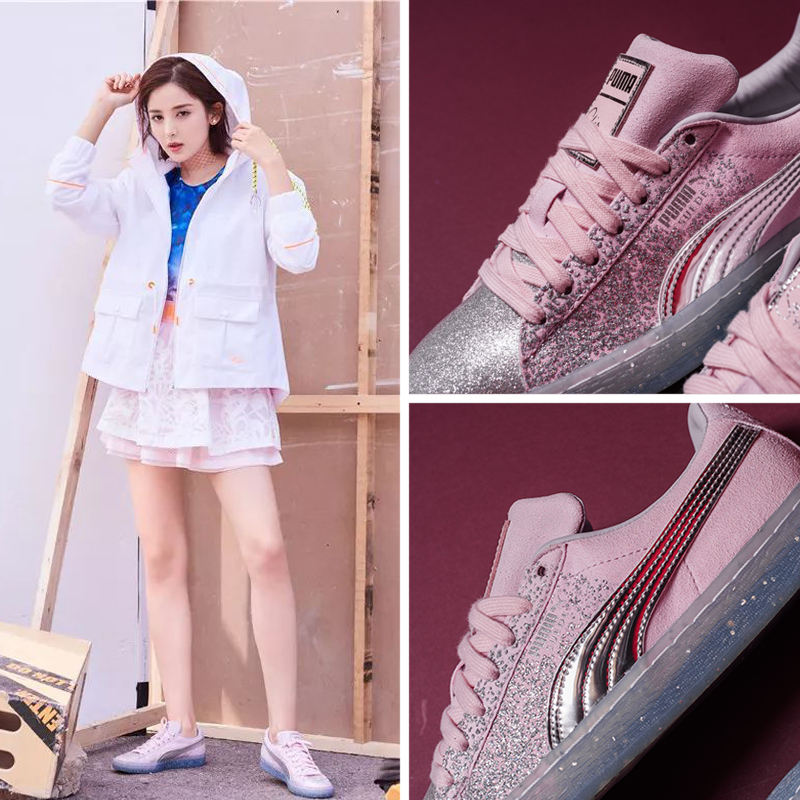 代購彪馬板鞋女 PUMA 聯名款群魔亂舞炫彩熒光水晶底少女粉嫩板鞋