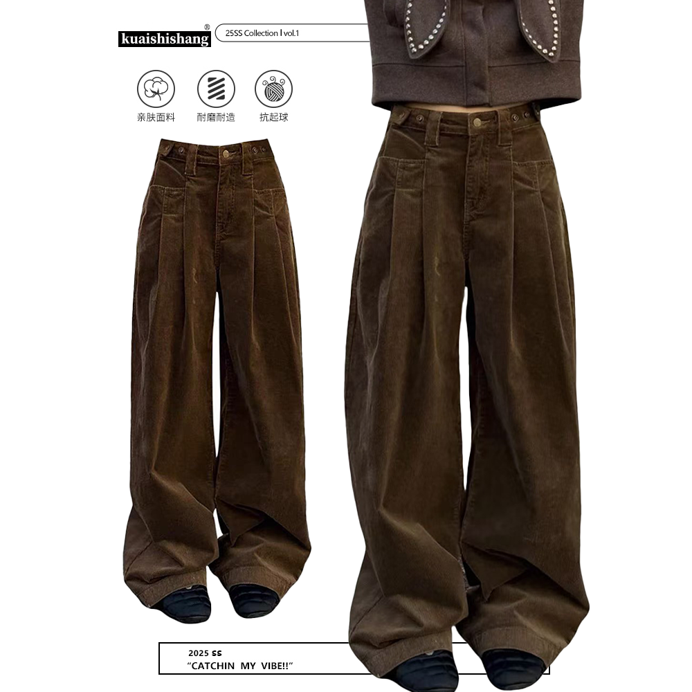 深咖色可调节腰围灯芯绒休闲裤2025秋季新款宽松显瘦工装阔腿长裤