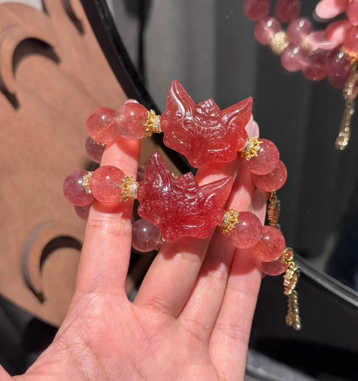 纯天然草莓晶狐狸面具草莓晶水晶手串桃花花手串女友闺蜜礼物