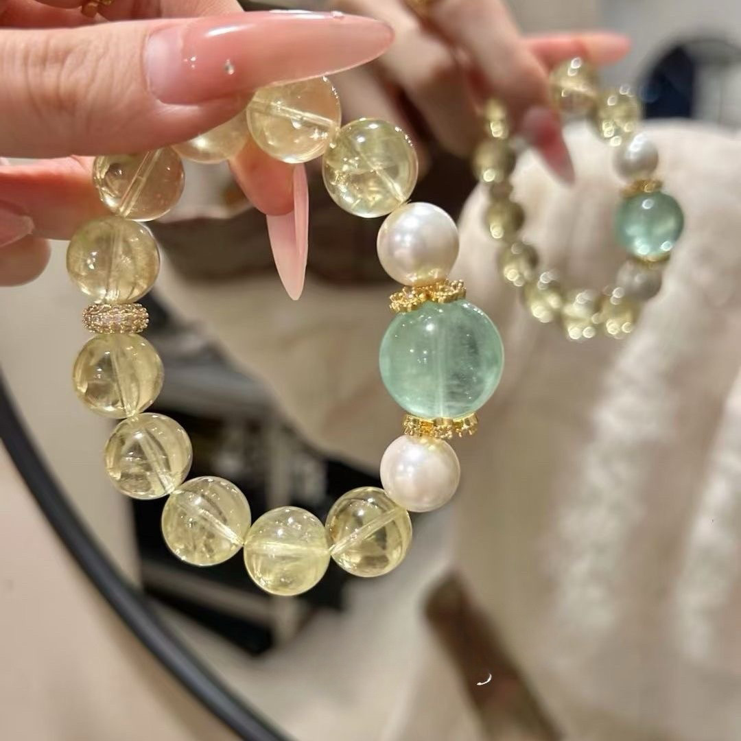 纯天然柠檬黄水晶黄阿塞绿萤石珍珠手链女款招财手串女友闺蜜礼物