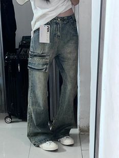 工装裤女秋季潮ins高街牛仔长裤高腰宽松直筒阔腿显瘦ulzzang裤子