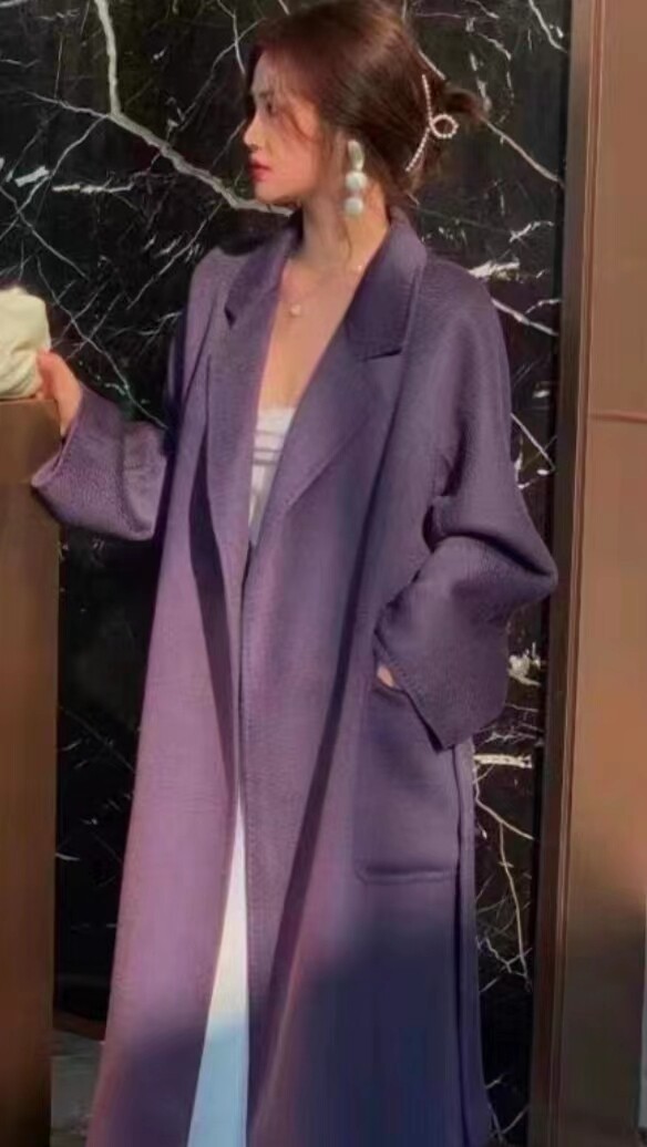 顾家同款羊绒大衣M家经典紫色水波纹系带浴袍中长款羊绒大衣799