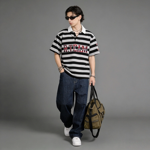 半袖 FAITH美式 翻领宽松百搭潮流男装 男短袖 复古休闲条纹polo衫