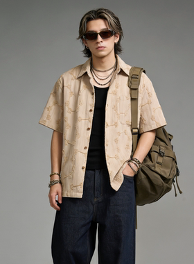 FAITH美式复古潮流短袖衬衫男小众设计感暗纹翻领高街休闲上衣