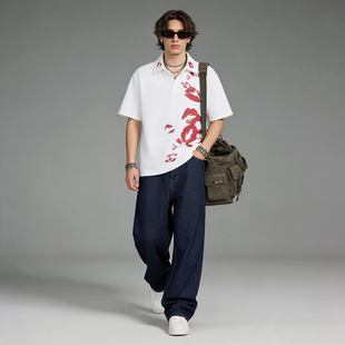 FAITH潮流日系街头风唇印图案POLO衫 宽松廓形休闲上衣潮牌 男短袖