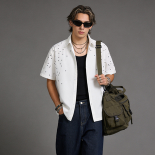 男宽松小众高级感痞帅衬衣 衬衫 FAITH夏美式 复古潮牌手工绣短袖