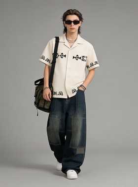 FAITH日系复古百搭印花短袖衬衫男古巴领宽松休闲凉感潮牌衬衫