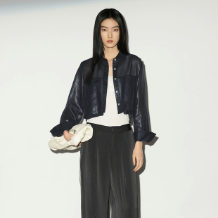 衬衫 长袖 polo领薄宽松直筒外套女XL221025A328 雪歌藏青色短款