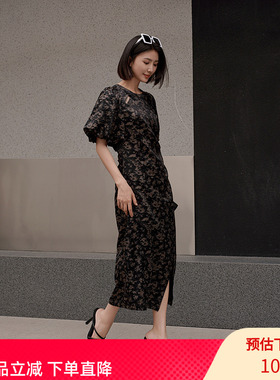 XG/雪歌26夏复古印花连衣裙女开叉中长裙气质显瘦裙XK204100B994