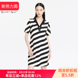 套头休闲短裙XJ204032B599 雪歌黑白条纹连衣裙女V领2025夏新款