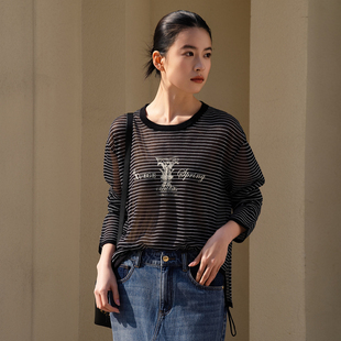 XG/雪歌26春条纹长袖微透针织衫女圆领宽松薄款上衣XL111001B599