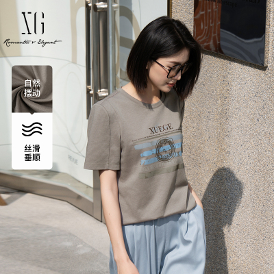 XG雪歌25夏新款正肩设计休闲百搭字母印花T恤女短袖XK201009A709