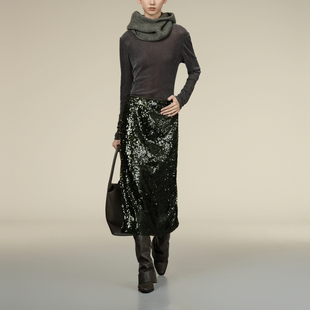 高腰钉珠亮片中长A字半身裙女XK403005A644 新款 雪歌2025年冬季