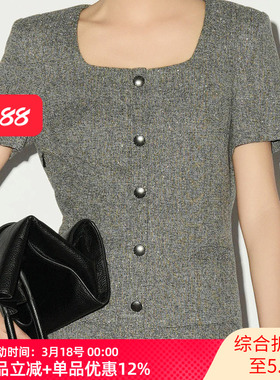 XG/雪歌26春款淑女风方领短袖连衣裙女收腰短款裙子XL104012A284