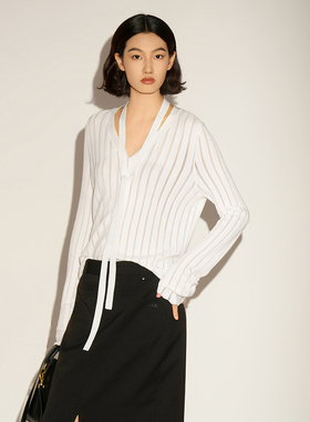 XG/雪歌26春款白色飘带V领开衫女针织衫显瘦毛衫上衣XL111035A451