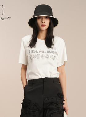 XG雪歌100%棉圆领百搭创意印花短袖T恤女2025夏新款XK201031A291