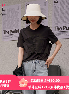 XG/雪歌黑色纯棉短袖T恤2025夏季新款设计感上衣女装XK201043A990