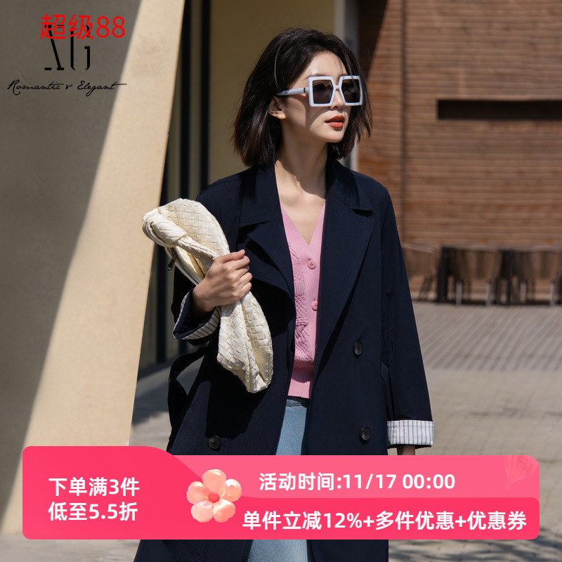 XG雪歌藏青色中长款休闲风衣2025春季新款通勤简约翻领长袖外套女