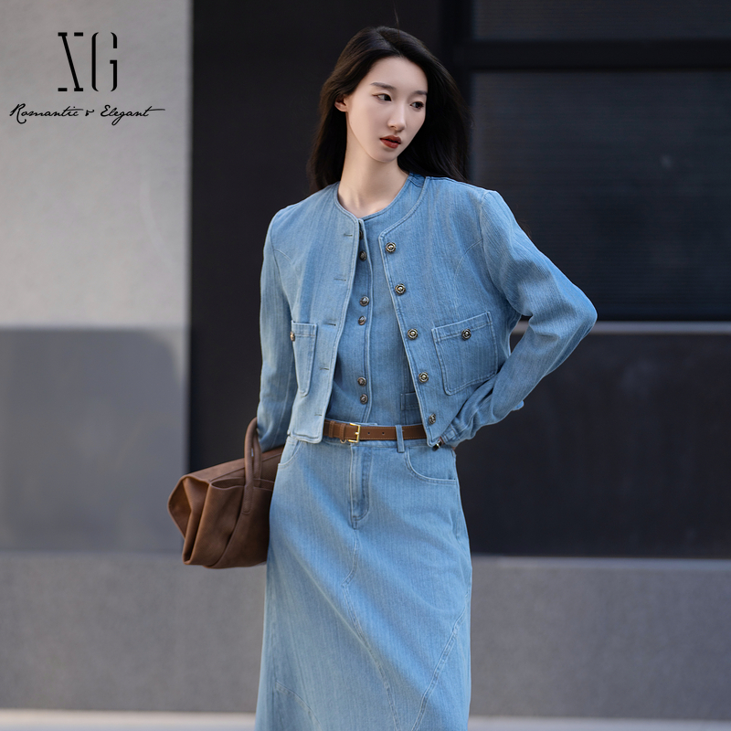 XG/雪歌25年秋季新款圆领百搭牛仔外套女短款上衣XK307032A919