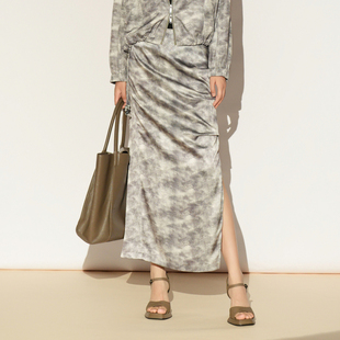 XG/雪歌26春款淑女风抽褶半身长裙女修身开叉雪纺裙XL103010B493