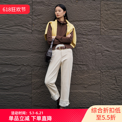 XG/雪歌25年冬季新款百搭高腰脚口拼接直筒牛仔裤女XK402024A691