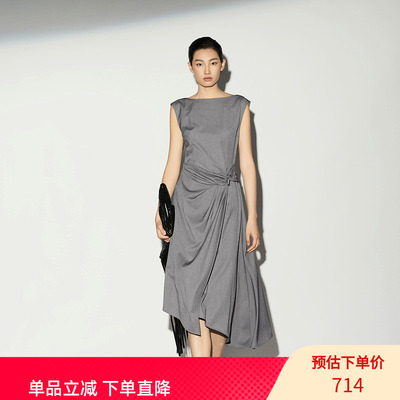 XG/雪歌26夏款灰色无袖连衣裙女不对称简约风中长裙XL204014A184