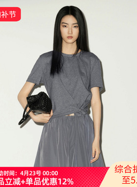 XG/雪歌26夏款简约风短袖T恤女灰色修身圆领短款上衣XL201001A484