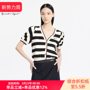 新款 2025夏季 休闲V领上衣XJ201020B599 雪歌黑白条纹T恤女短袖