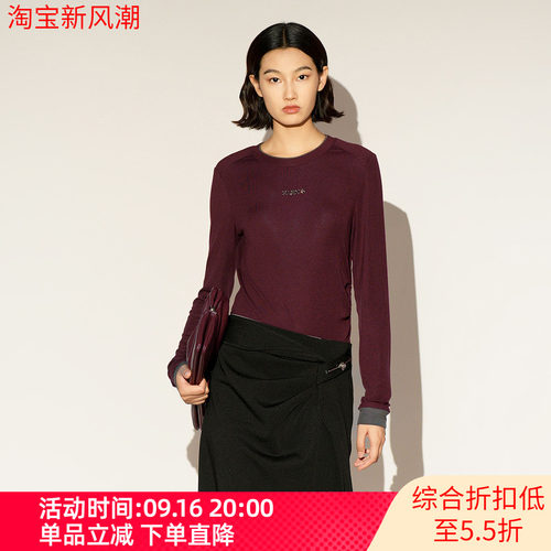 XG/雪歌26年春季新款酒红色圆领长袖针织衫女打底衫XL101007A115
