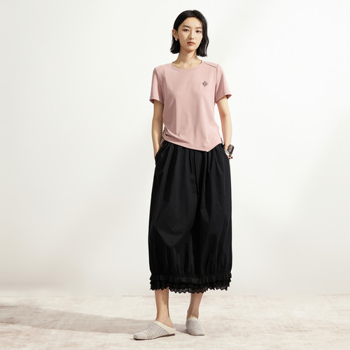 XG/雪歌26夏极简短袖T恤女粉色圆领收腰上衣简约百搭XM201570A808