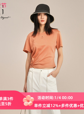 XG/雪歌2025夏季新款褶皱收腰显瘦圆领短袖T恤女上衣XK201029A533