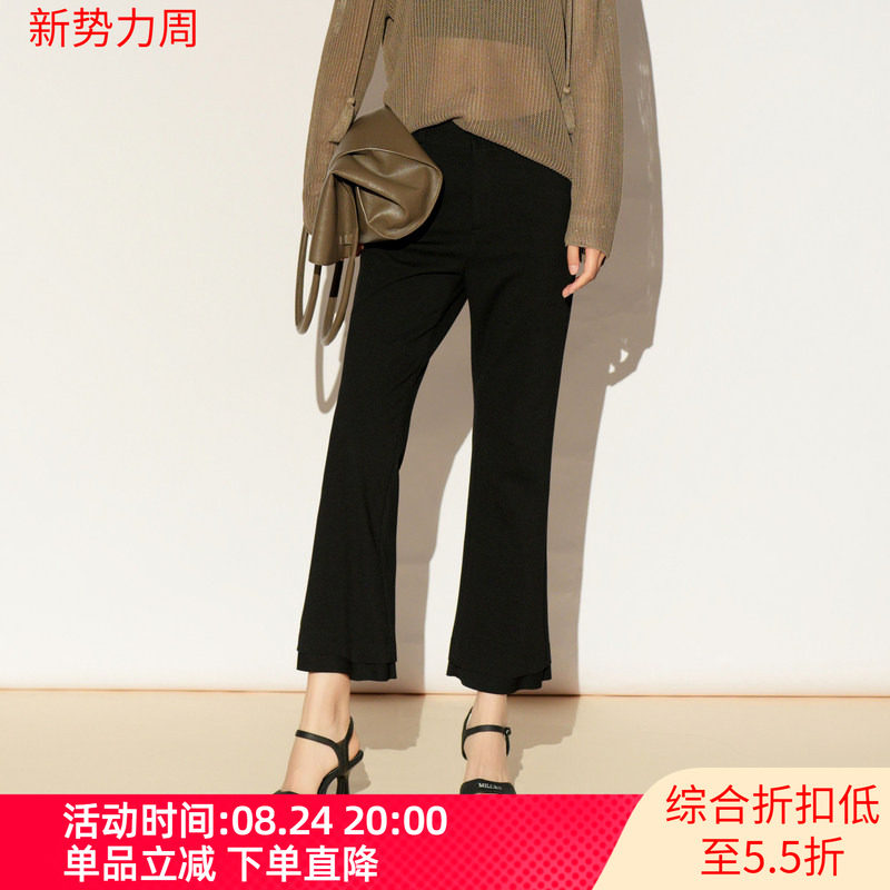 XG/雪歌26春款黑色九分微喇裤女高腰显瘦修身休闲裤XL102019A490图片